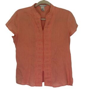 Jillian Jones Women’s Peach Short Sleeve Linen‎ Button Down Embroidered Top Sz M